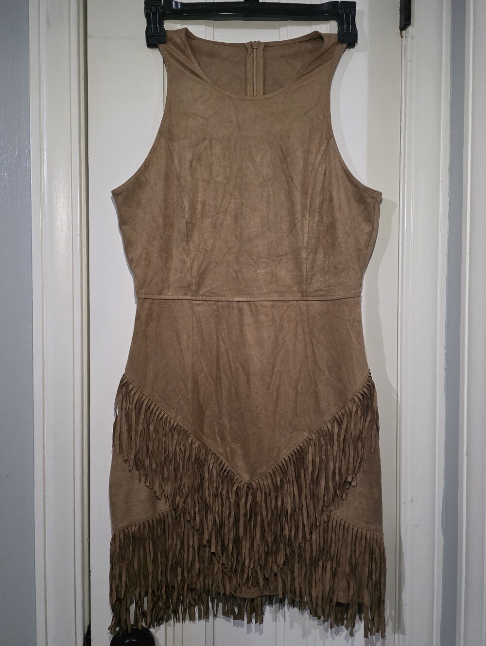 Halara Faux Suede Fringe High Neck Mini Dress - Camel Brown - Size Medium - NWOT